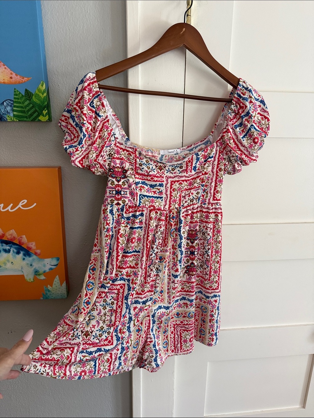 Pink Patterned Short Tunic Romper with Puff Sleeves